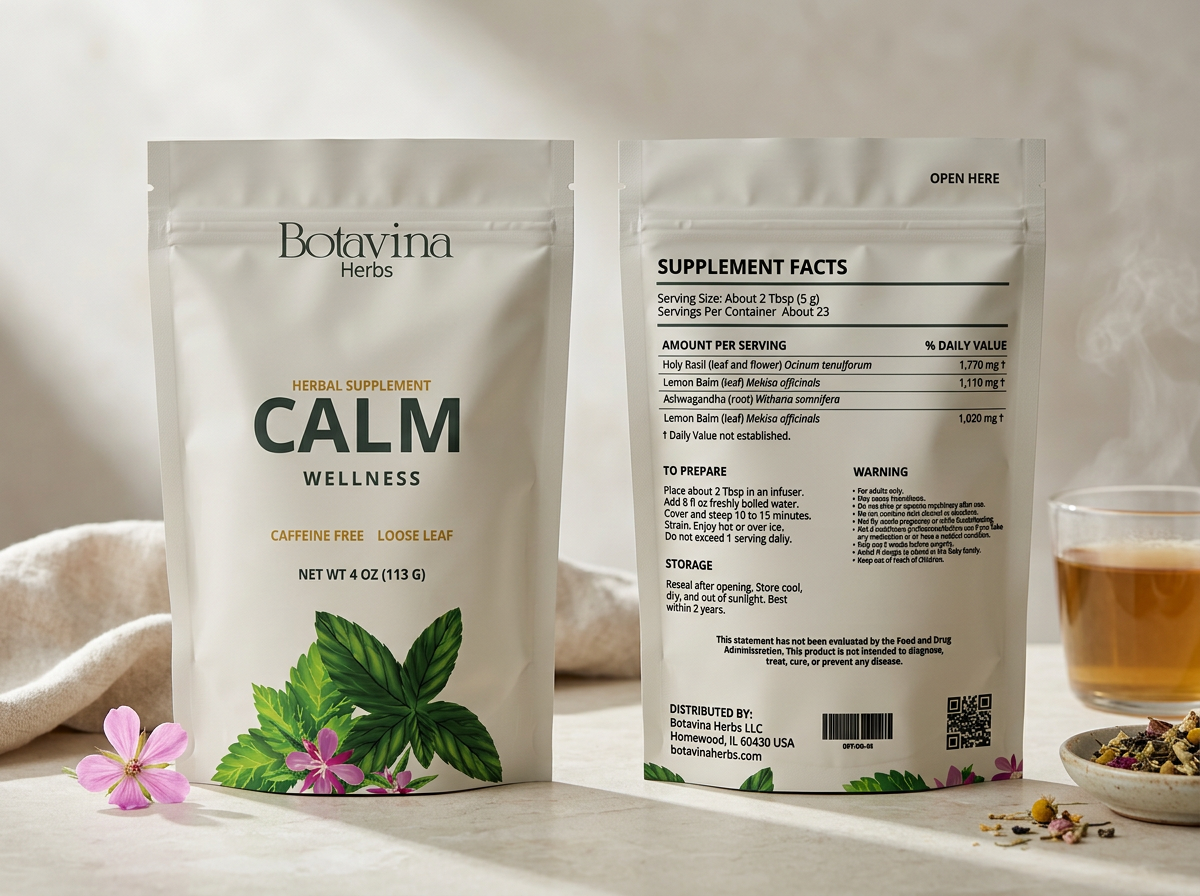 Calm Wellness herbal tea pouch
